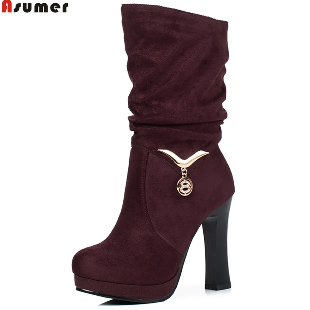 

ASUMER black green wine red women boots flock platform ladies boots autumn winter mid calf boots slip on big size 33-43