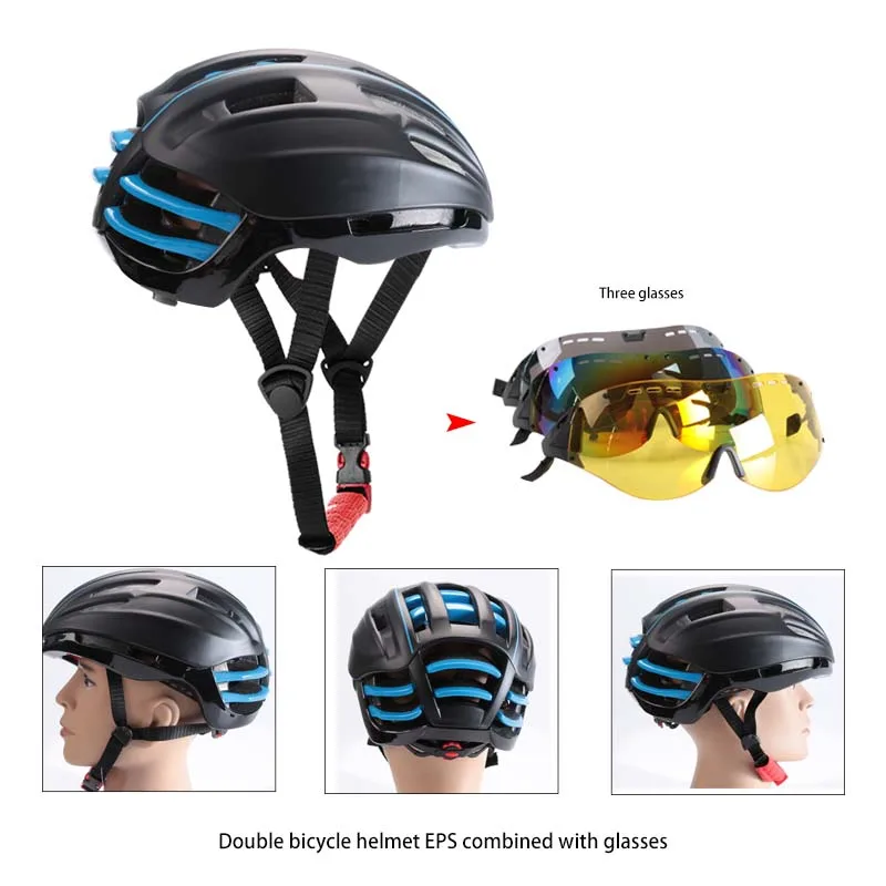 

Goggles Cycling Helmet Insect Net Mountain MTB Road Bike Cycling Helmets 2017 Bicycle Helmet With Lens black and blue color