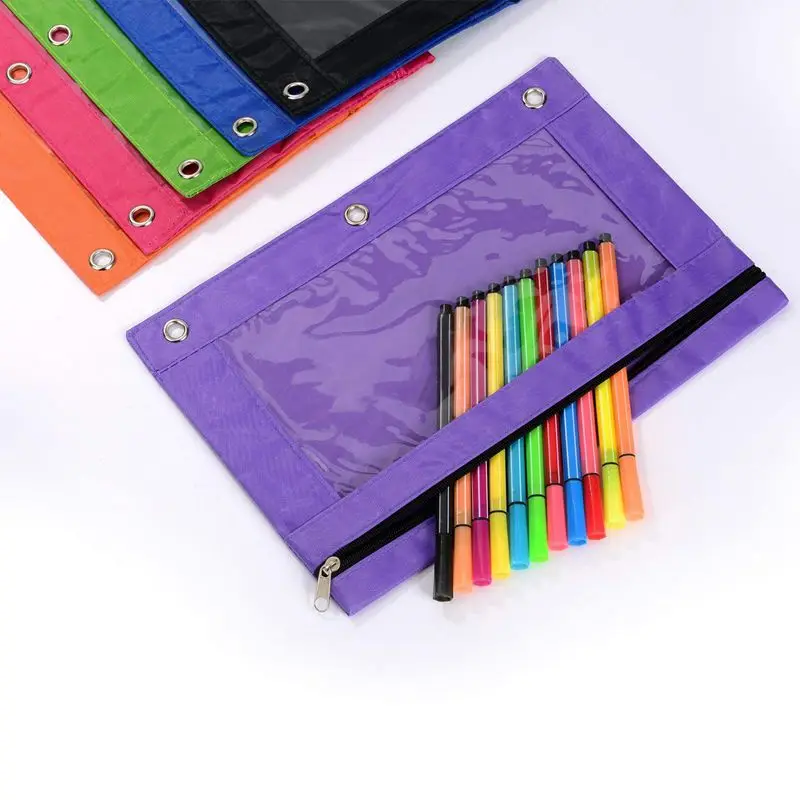 6 Pieces Ring Binder Pouch Pencil Bag with Holes 3-Ring Zipper Pouches with Clear Window(6 Colors