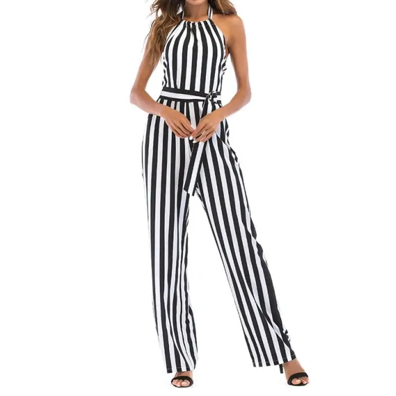 

Summer Jumpsuits Women Off-Shoulder Backless Stripe Halter Bandage Office Ladies Coverrall Female Jumpsuit WS7466M