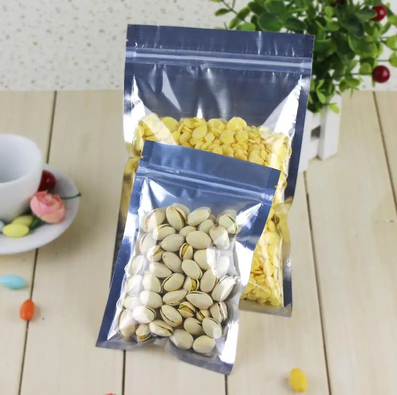 100 pcs Clear Front Aluminium foil Zip Lock Bag ,Silver Metallic aluminum Resealable Plastic Pouch for Food Baking Storage 
