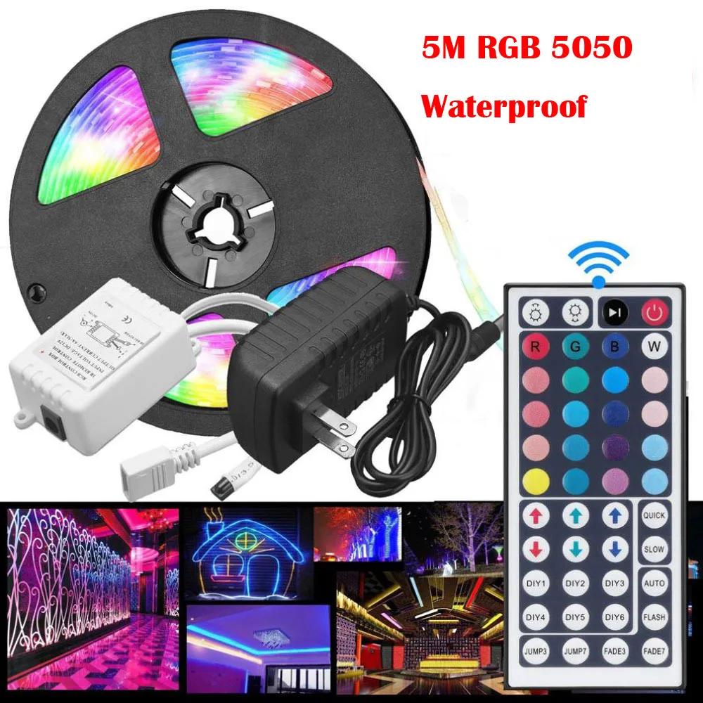 cheap 5M RGB 5050 Waterproof LED Strip light SMD 44 Key Remote 12V US Power Full Kit rgb String Diode Flexible Ribbon