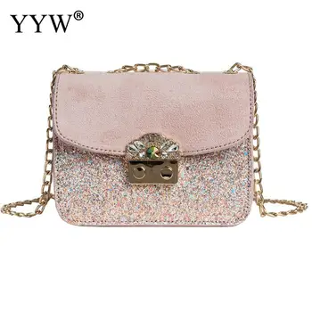 

2019 Women Pink Pu Leather Crossbody Bag Designer Sequin Gold Fashion Mini Chain Box Bag For Girl Flap Small Message Bag YYW