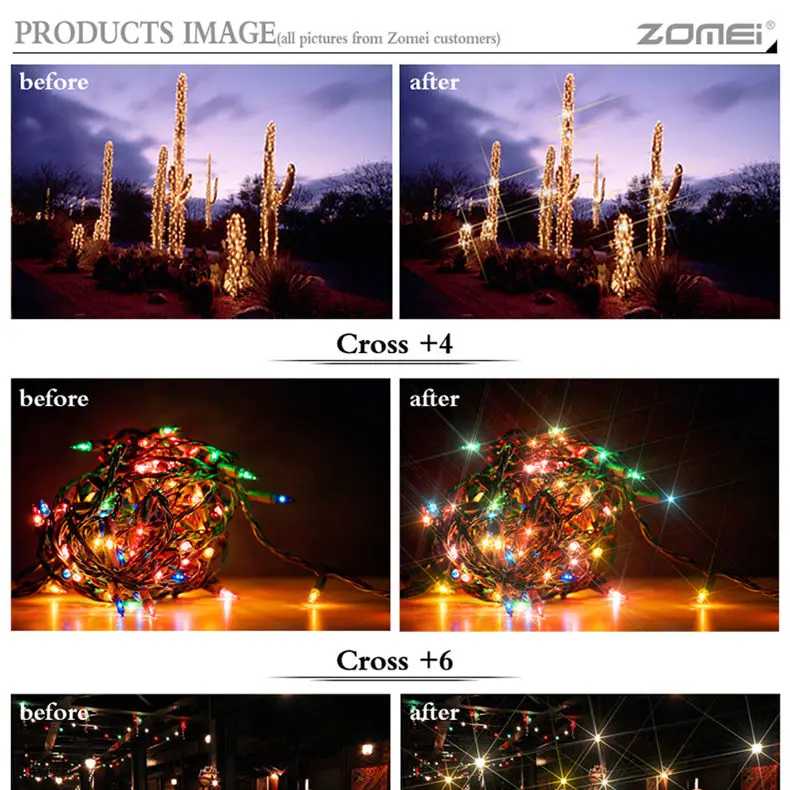 ZOMEI 52/58/67/72/77/82 мм с звездообразным эффектом starburst Звездный фильтр для объектива с различным количеством лучей+ 4+ 6-8, туфли с острым носом Камера фильтр для цифровой зеркальной камеры Canon Nikon DSLR Камера