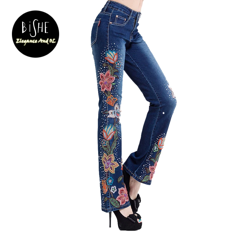 

BiSHE Woman Jeans Bell Bottom Jeans Flower Embroidered Flares Mid Waist Flare Pants Vintage Jeans Female Wide Leg Denim Trousers