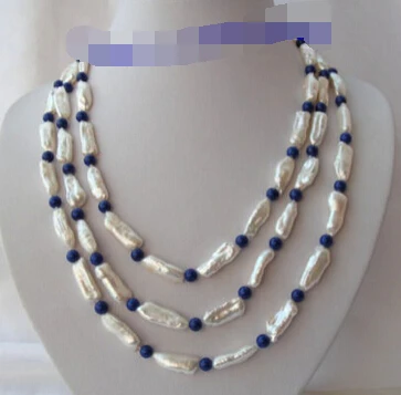 

Miss charm Jew1019 stunning 3rows big 23mm white baroque pearls blue lapis lazuli necklace