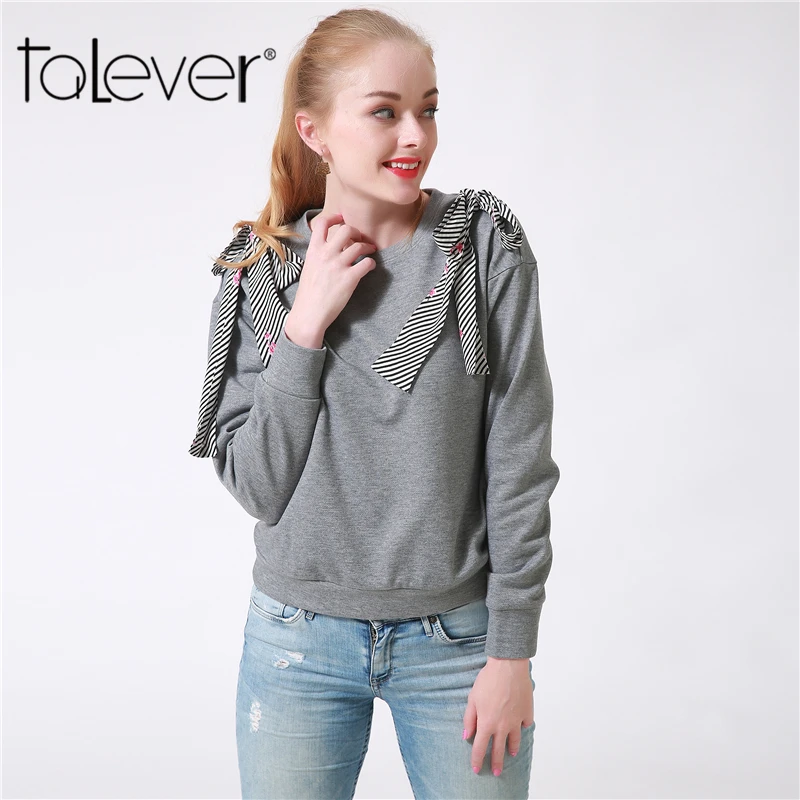 2017 Talever для женщин пуловеры для Sweatershirt Drop Shoulder Осенняя рубашка лук украшения повседневное корейские женские толстовки плюс размеры