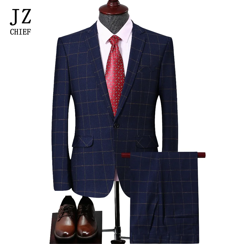 

JZ CHIEF Mens 2 Piece Slim Fit Suits Jacket Elastic Waist Zip Pants Plaid Blazer Back Split Business Casual Suit for Wedding Man