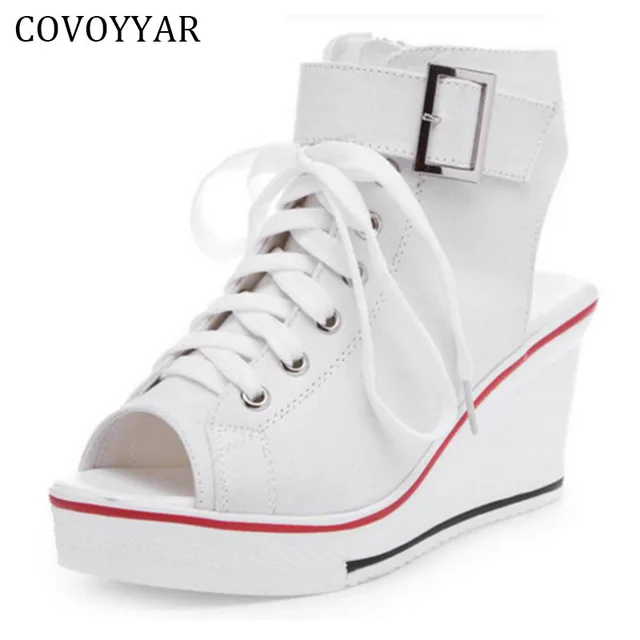 COVOYYAR 2018 Peep Toe Wedge Women Sandals Lace Up Women Canvas Shoes Spring Summer High Heeled Shoes Size 35-42 WSN124