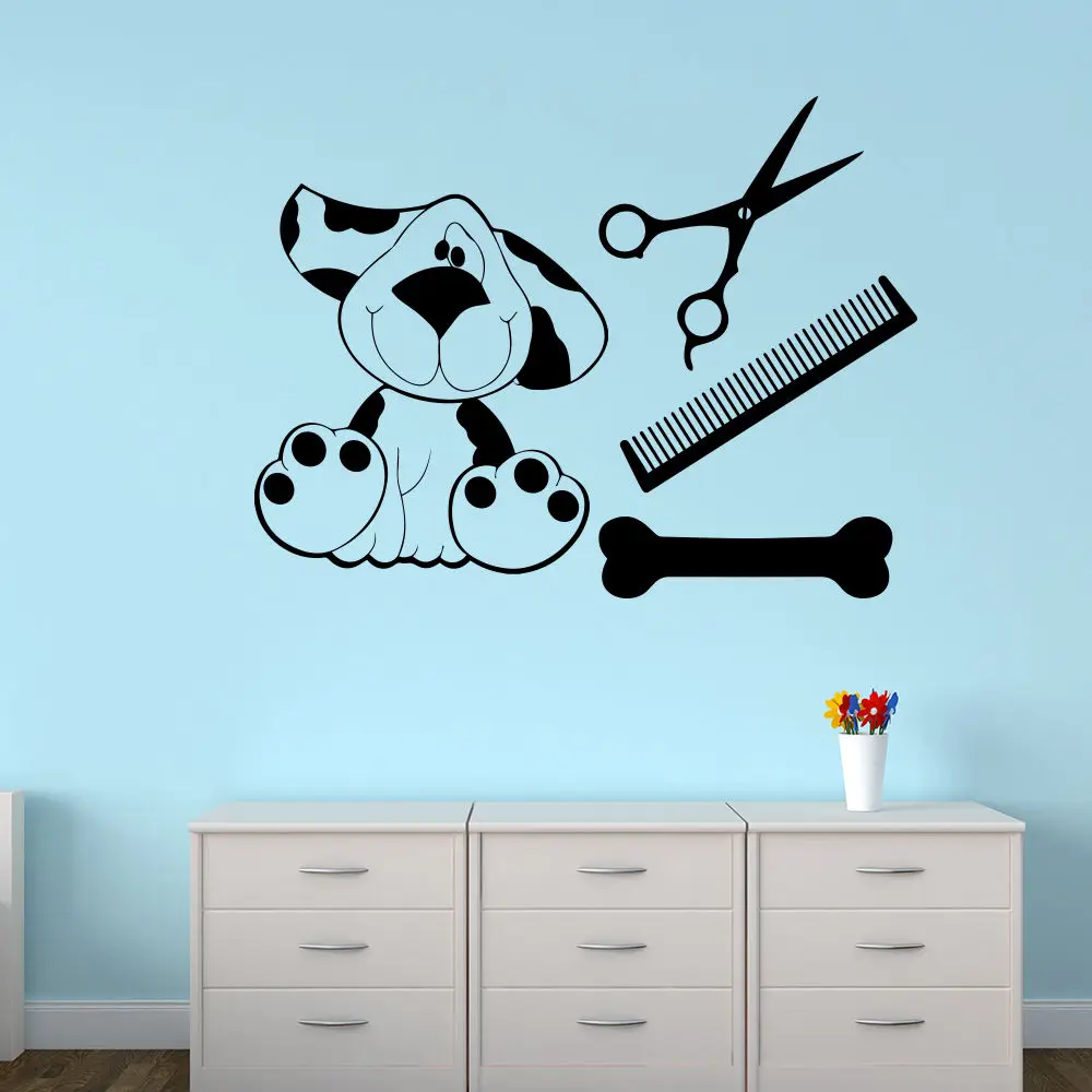 Wall Decal Pet Grooming Salon Dog Shop Comb Bone Art Vinyl Sticker