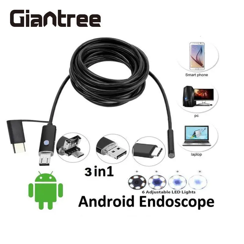 Giantree 2 м 5,5 мм тип-c эндоскоп 6LED 3в1 Android OTG USB MircoUSB бороскоп камера Змея Труба Инспекционная камера для телефона ПК