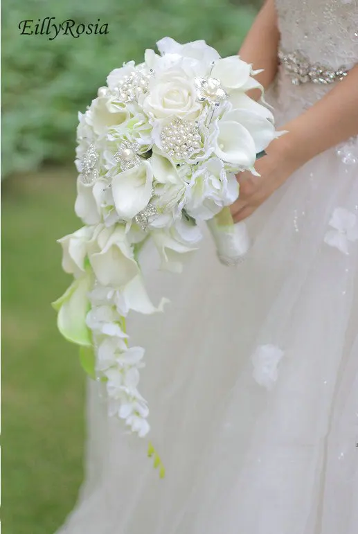 Waterfall Wedding Bouquet Bride Jewelry Crystal Calla Lily Bridal Bouquets Artificial Flowers Red Royal Blue White bruidsboeket