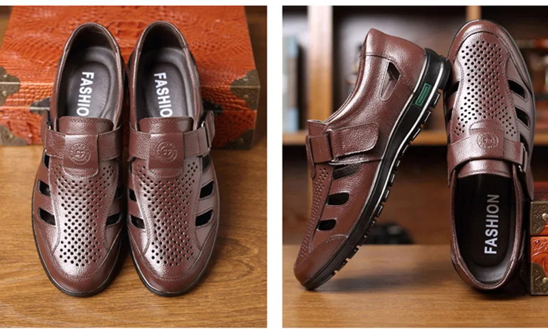 Сандалии из натуральной кожи; Мужская обувь; коллекция года; летняя кожаная обувь; сандалии с отверстиями; Мужская Брендовая обувь; Цвет Черный; KA1223