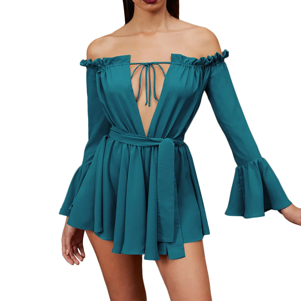 Vestidos Mujer Women Sexy Off Shoulder Solid One Word Collar Elbise Sukienki Damskie Plus Size Long Sleeve Bow Casual Mini Dress | Женская