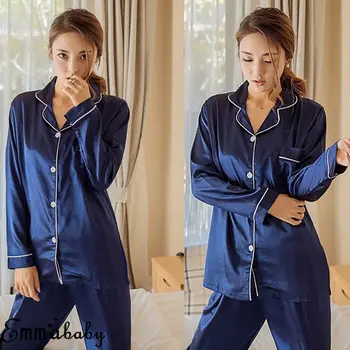 

Women Ladies Long Sleeve Button Casual Solid Pockets Satin Sleepwear Robes Nightwear Homewear Pajamas Set