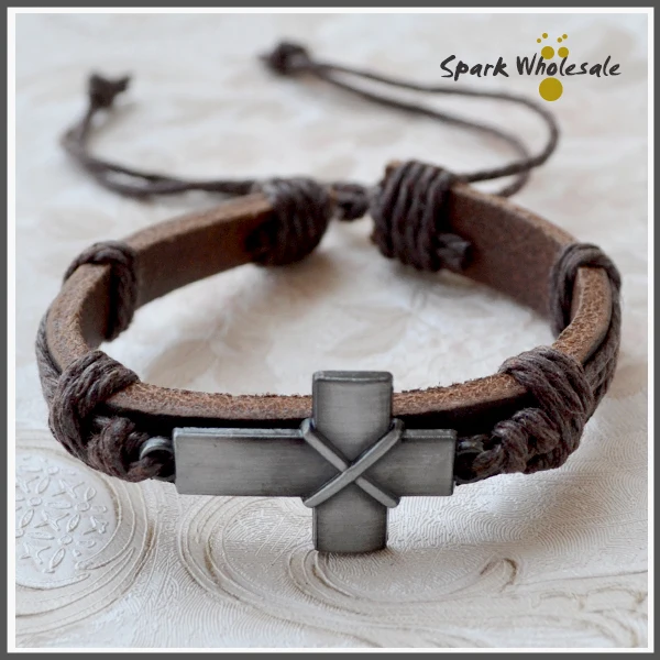 

12pcs/lot 2017 Newest Fashion Casual Bracelet Leather Bracelet Religious Men's Hematite Cross Charm Bracelet