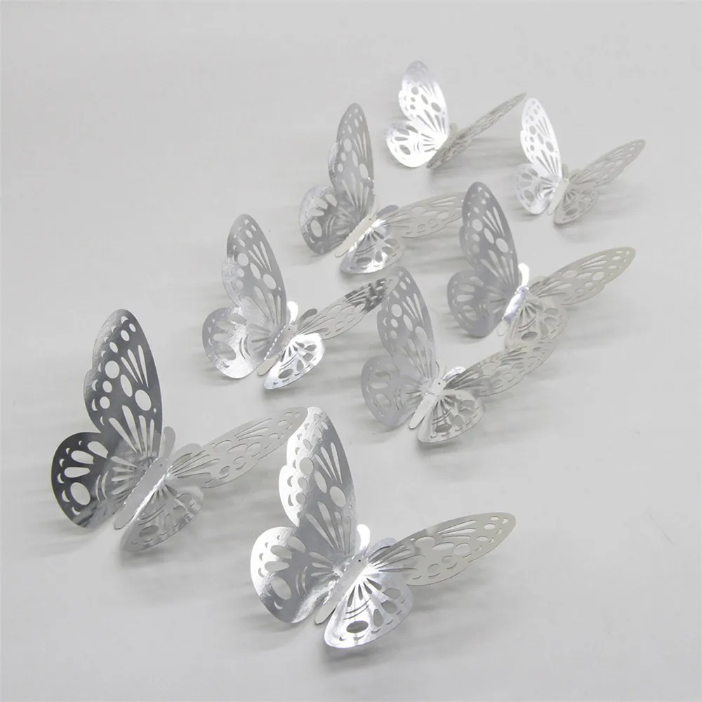 12PCS 3D Wall Stickers Butterfly Silver Mirror Decoration Home Room Art