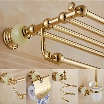 

Brass and Jade Bathroom Accessories Set, Gold Tolet Brush,Paper Holder,Towel Bar,Soap basket,Towel Rack bathroom Hardware set