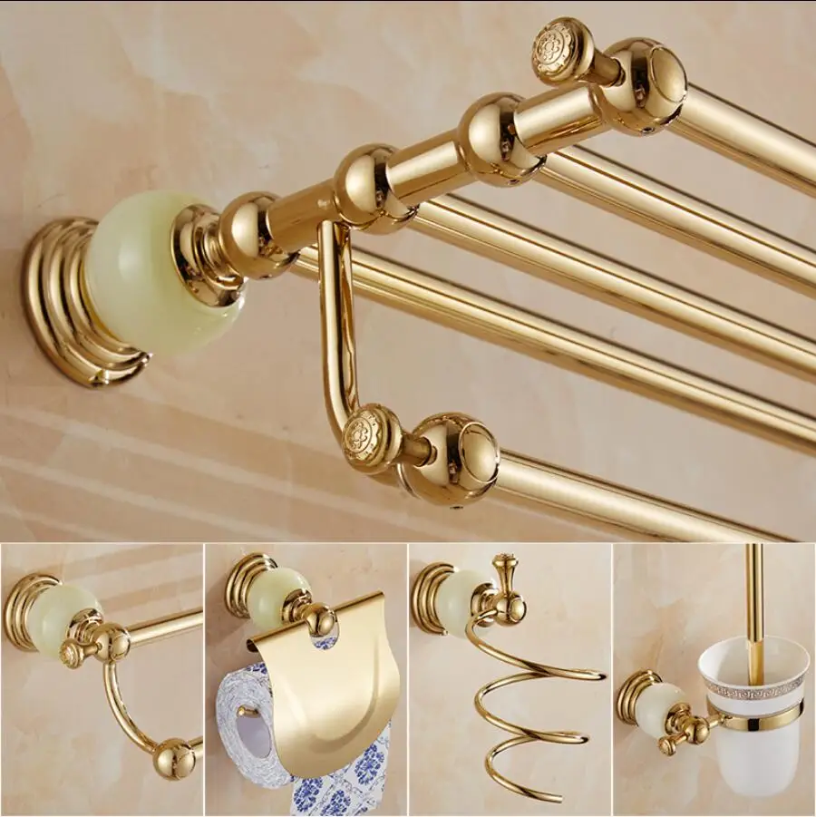 Comprar Juego de accesorios de baño de latón y Jade, cepillo de Tolet dorado, soporte de papel, toallero, cesta de jabón, juego de herrajes de baño de toallero