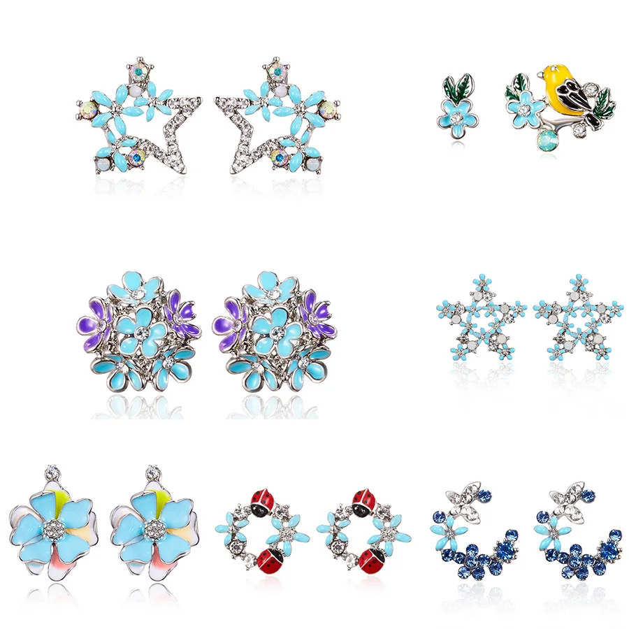 

Cute Cartoon Flower Bird Butterfly Stud Earrings Enamel Rhinestone Insect Stars Ear Studs for Women Girls Creative Ear Earing