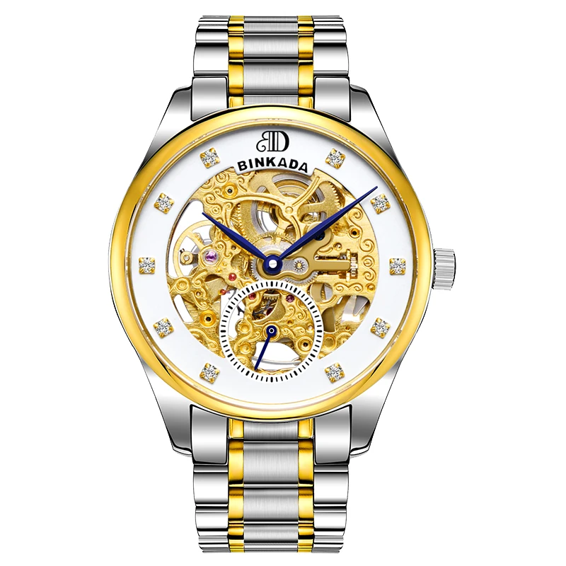 

Genuine BINKADA Mens Watch Automatic Mechanical Business Waterproof Hollow Doublestainless Steel Steampunk Automatic Self-Wind