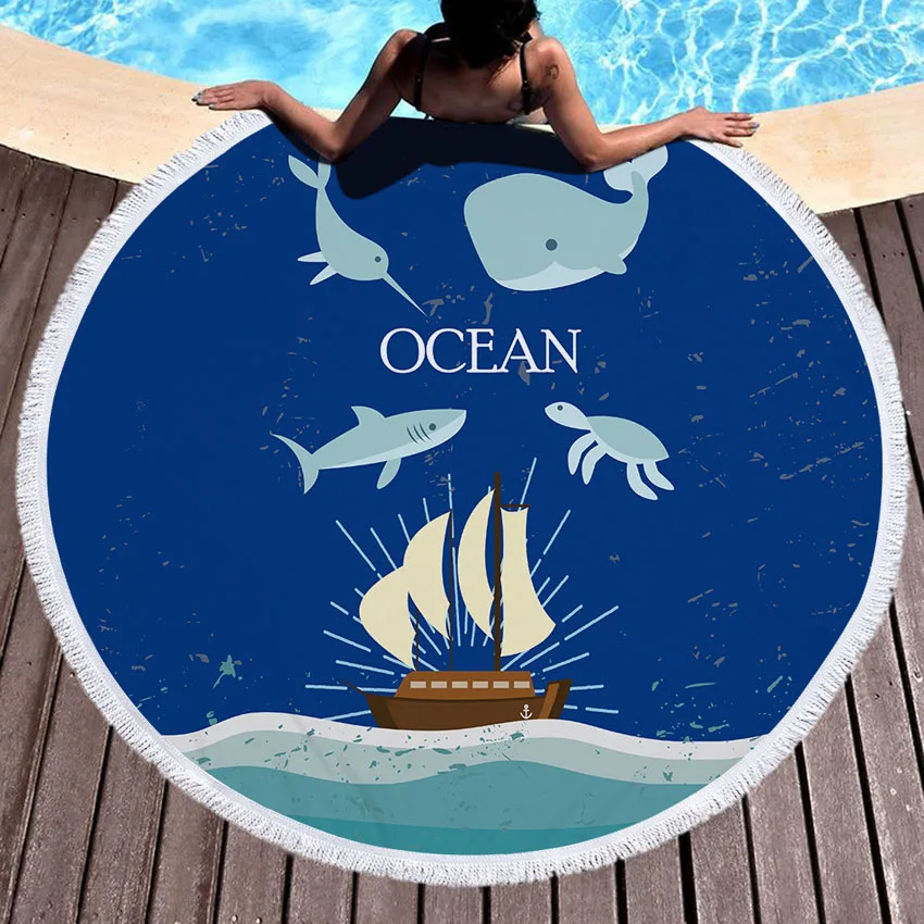 

Summer Beach Towel Turtle Dolphin Fish Sports Bath Shower Towel Blanket Bikini Cover Up Microfiber Round 150cm toalha de praia