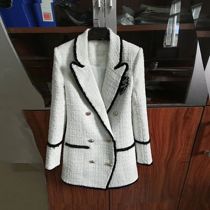 

Autumn Winter 2019 Women's Jacket Rhinestone Badge Double Breasted Tweed Casual Blazers Black White Color Block Coats Jc2731