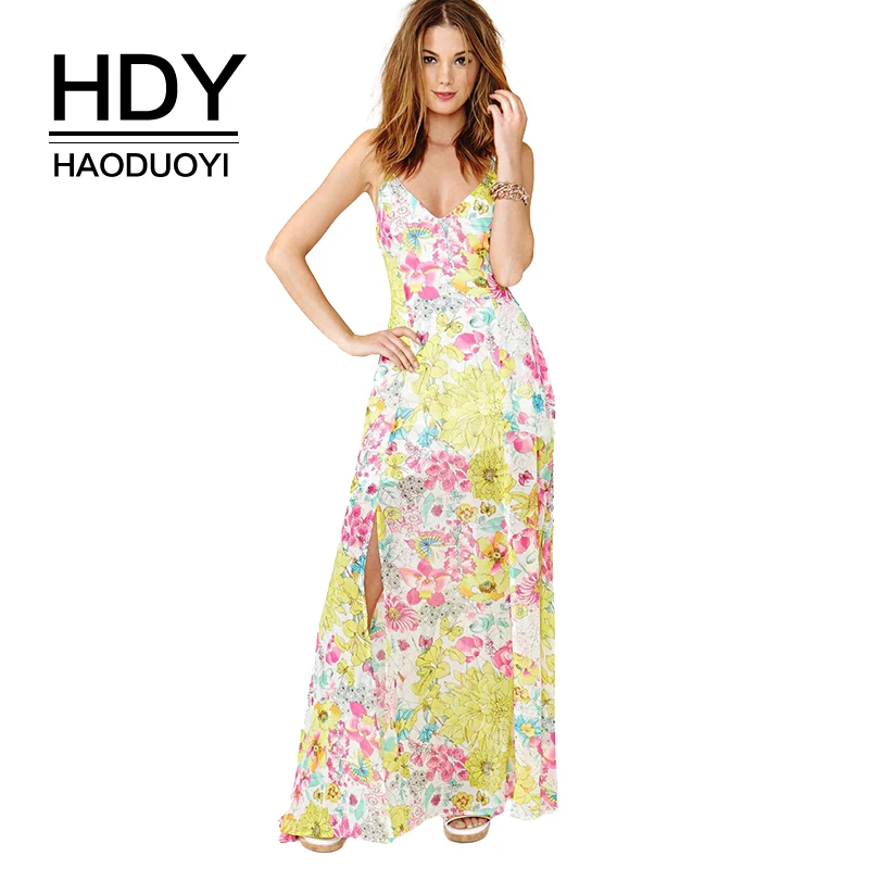 

HDY Haoduoyi Deep V Neck Sleeveless Floral Printed Maxi Dress Side Slit Sexy Criss Cross Backless Spaghetti Strap Slim Dress