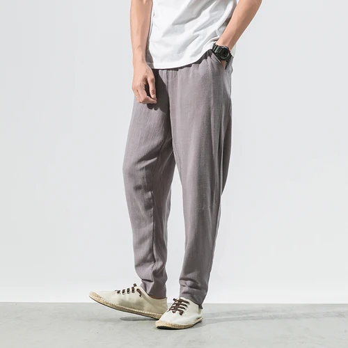 Мужские повседневные штаны, хлопковые льняные шаровары, Мужские штаны для бега, мужские брюки, Китайская традиционная одежда, штаны с крестами, Размер 5XL - Цвет: grey