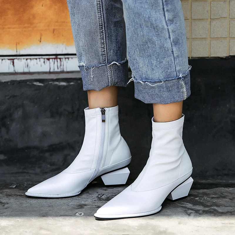

XiuNingYan Fashion Boots Women Genuine Leather+Stretch Fabric Pointed Toe Irregular Square Heels Slip-On Shoes Woman Ankle Boots