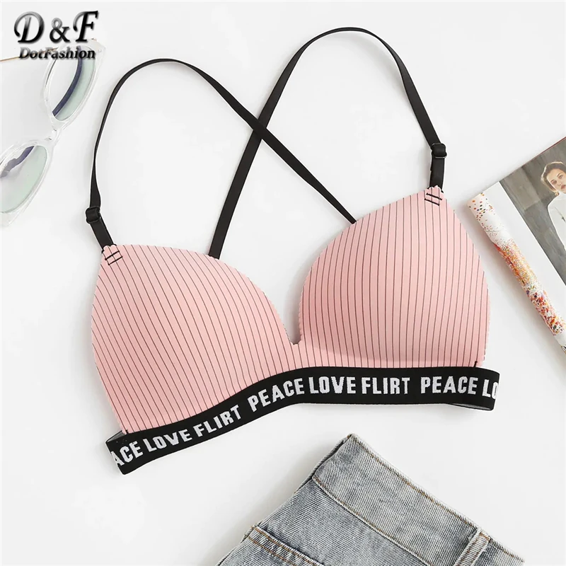 

Dotfashion Pink Slogan Tape Cross Back Striped Bra For Women 2019 Summer Sexy Bras Tops Criss Cross Casual Lingerie Bralettes