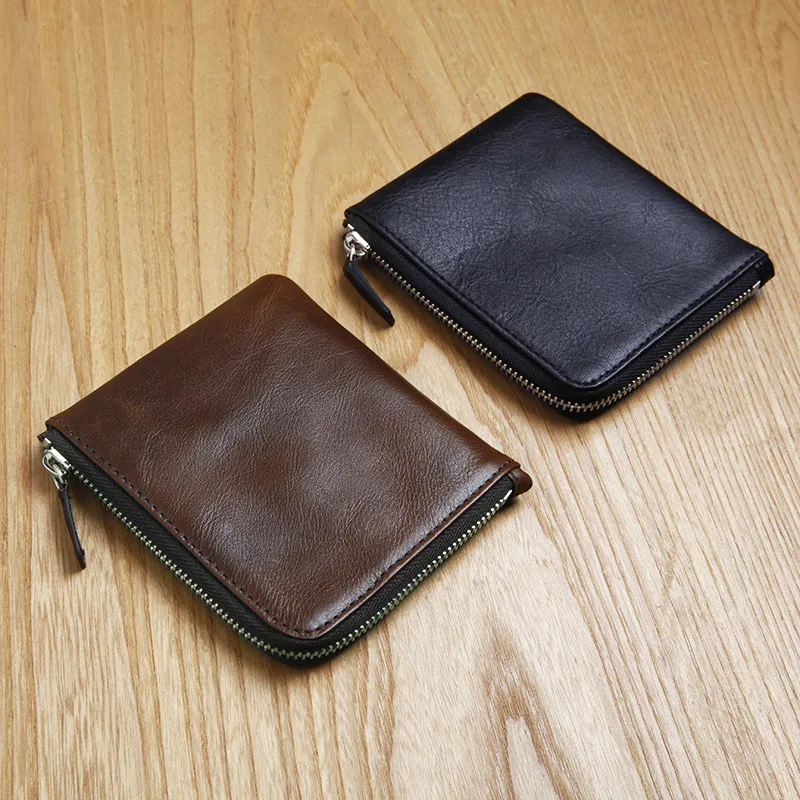LAN men's leather wallet handmade mini purse brand casual zipper pocket wallet