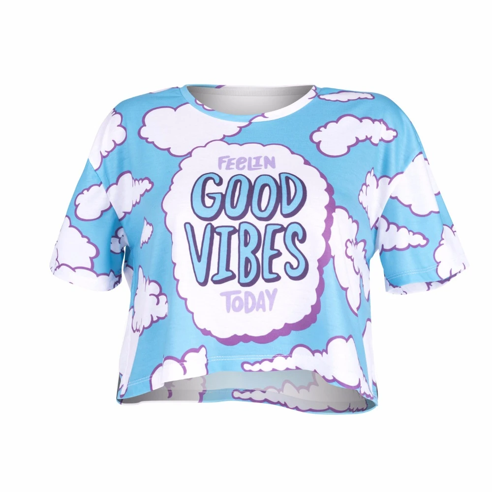 Женская футболка с короткими рукавами летняя облегающая принтом Good Vibes Clouds|crop