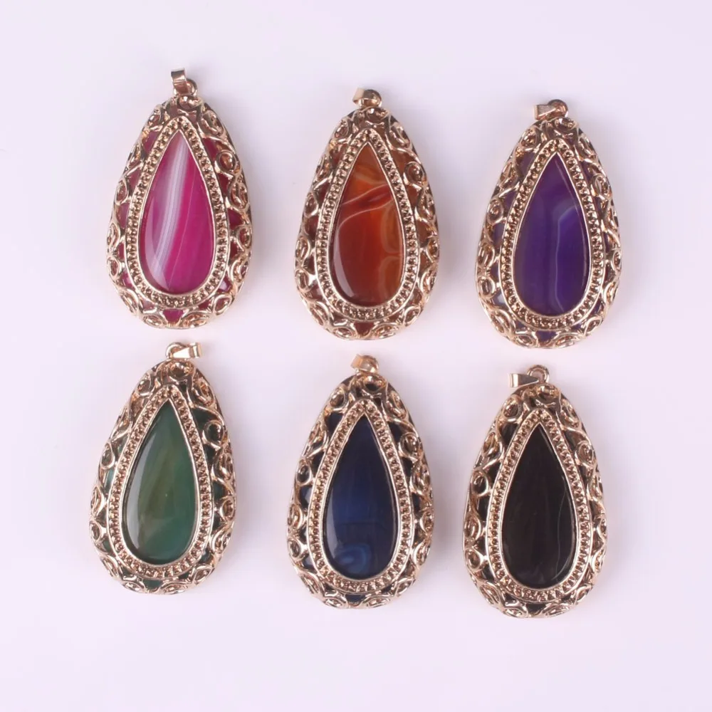 

Luxury Design Natural Stone Purple Red Green Blue Onyx Beads Pendant Fashion Jewelry Inlay Gold Color Side Teardrop