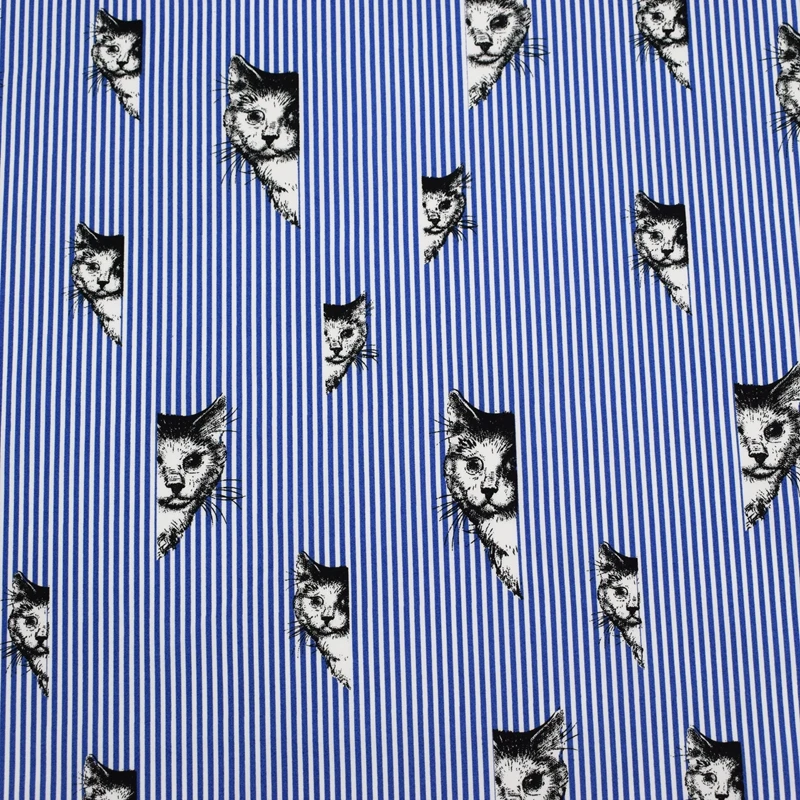 

Light blue the cat print stripe reactive printing and dyeing Micro stretch cotton fabric for shirt dress patchwork tissu telas