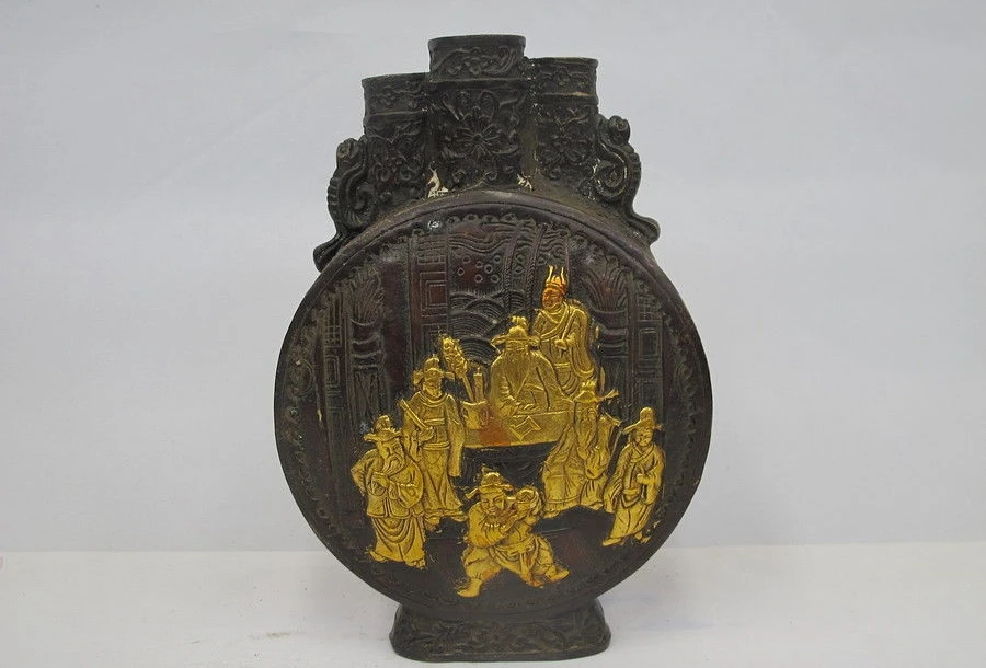 

China Folk Feng Shui Bronze Gild Two Beast Figure statue Pot vase a 0518