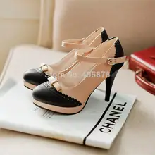 2014 spring laciness thick heel round toe hasp gentlewomen color block sweet bow high-heeled shoes single shoes