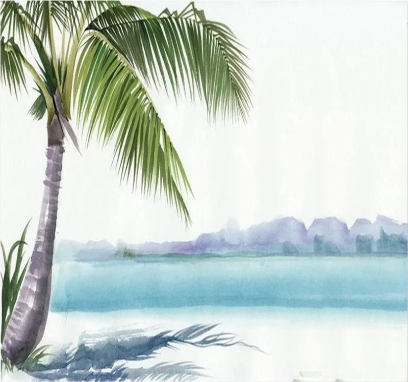 Custom 3D Wallpaper Watercolor Refreshing Blue Sea Coconut Tree Mediterranean TV Background Wall - Silk Waterproof Material Custom 3D Wallpaper Watercolor Refreshing Blue Sea Coconut Tree Mediterranean TV Background Wall - Silk Waterproof Material