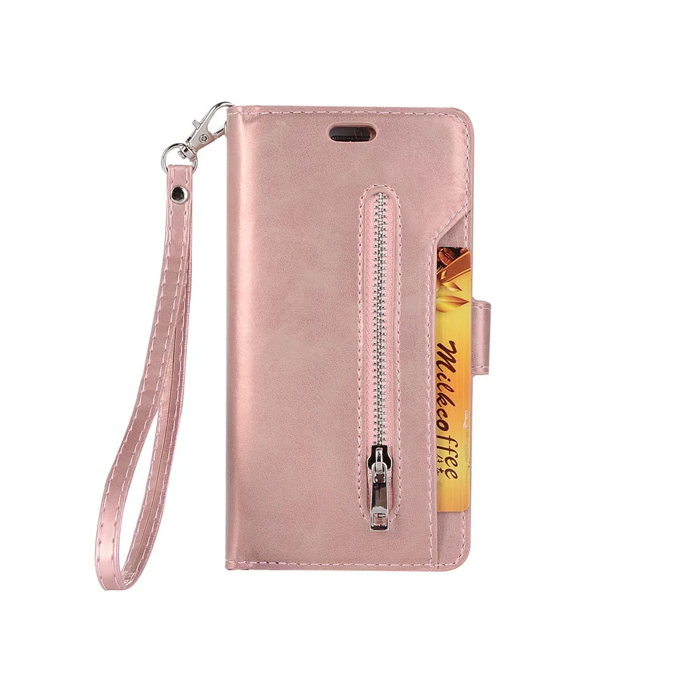 Бумажник с застежкой-молнией 9 карманов для карт Книга чехол в виде ракушки кошелек для samsung Galaxy S6 S7 край S8 S9 A6 плюс J4 J6 J8 Note 8 9 A5 A7 - Цвет: Rose Gold
