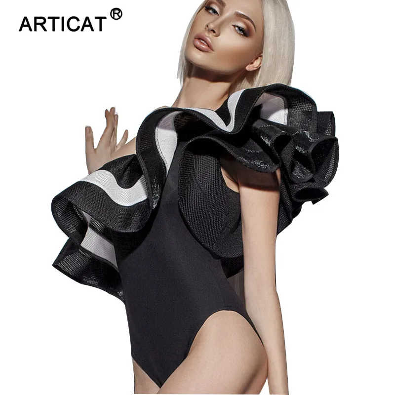 

SIBYBO One Shoulder Ruffles Bodysuit Women 2017 Summer Sexy Stripe Bodycon Party Club Women Jumpsuit Romper Overalls Playsuit