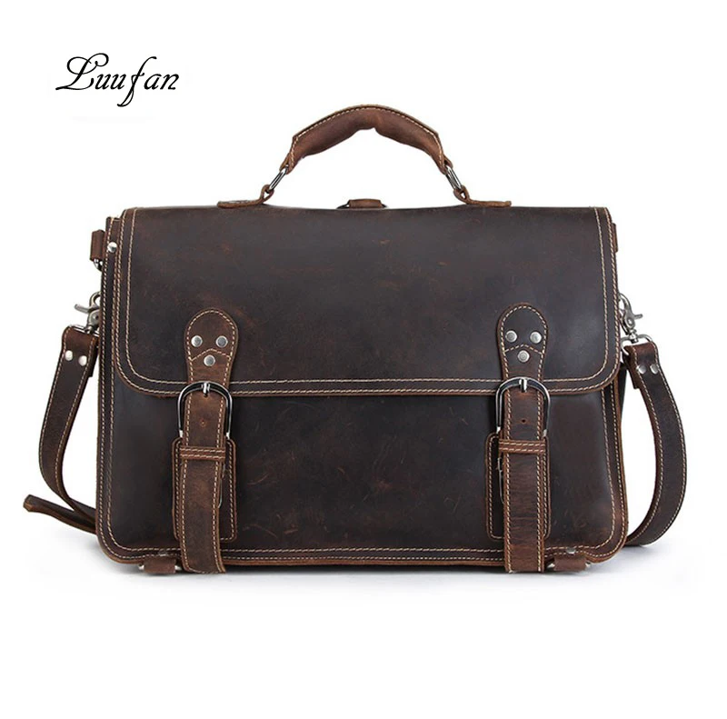 

Briefcase Man Vintage Crazy Horse Leather Durable Useful Large Capacity Business Trip Travel School Satchels 3 usages with Strap