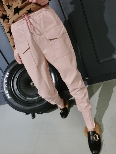 Женские штаны-шаровары, женские штаны из искусственной кожи, Свободные повседневные штаны, узкие брюки из искусственной кожи для женщин - Цвет: Розовый