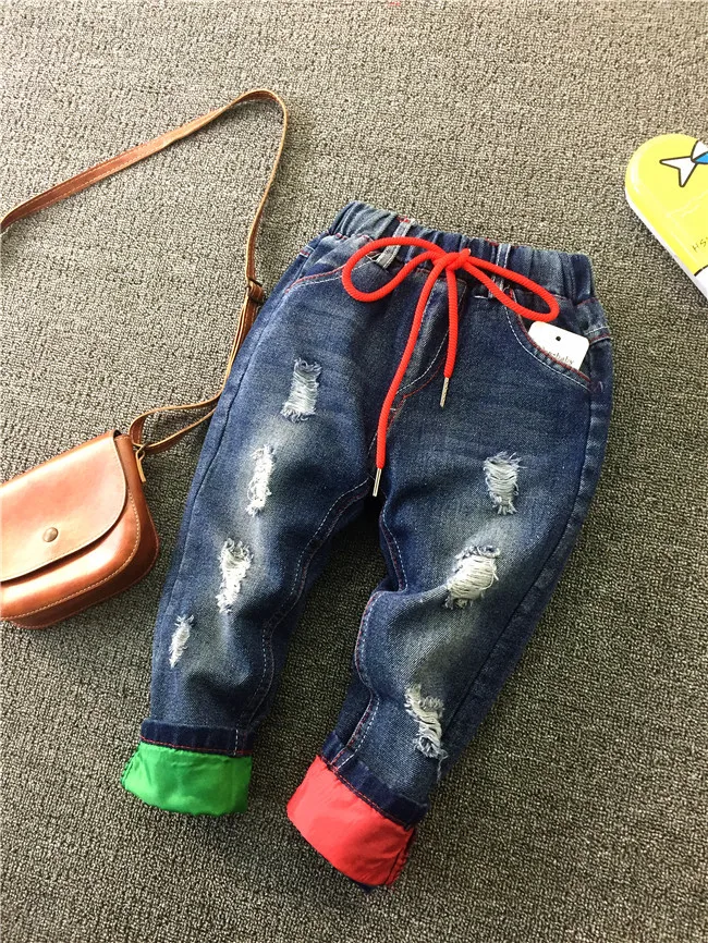 Весенне-осенние детские рваные джинсы для мальчиков, модный Тренч детские брюки повседневные ковбойские узкие брюки для маленьких мальчиков от 2 до 6 лет