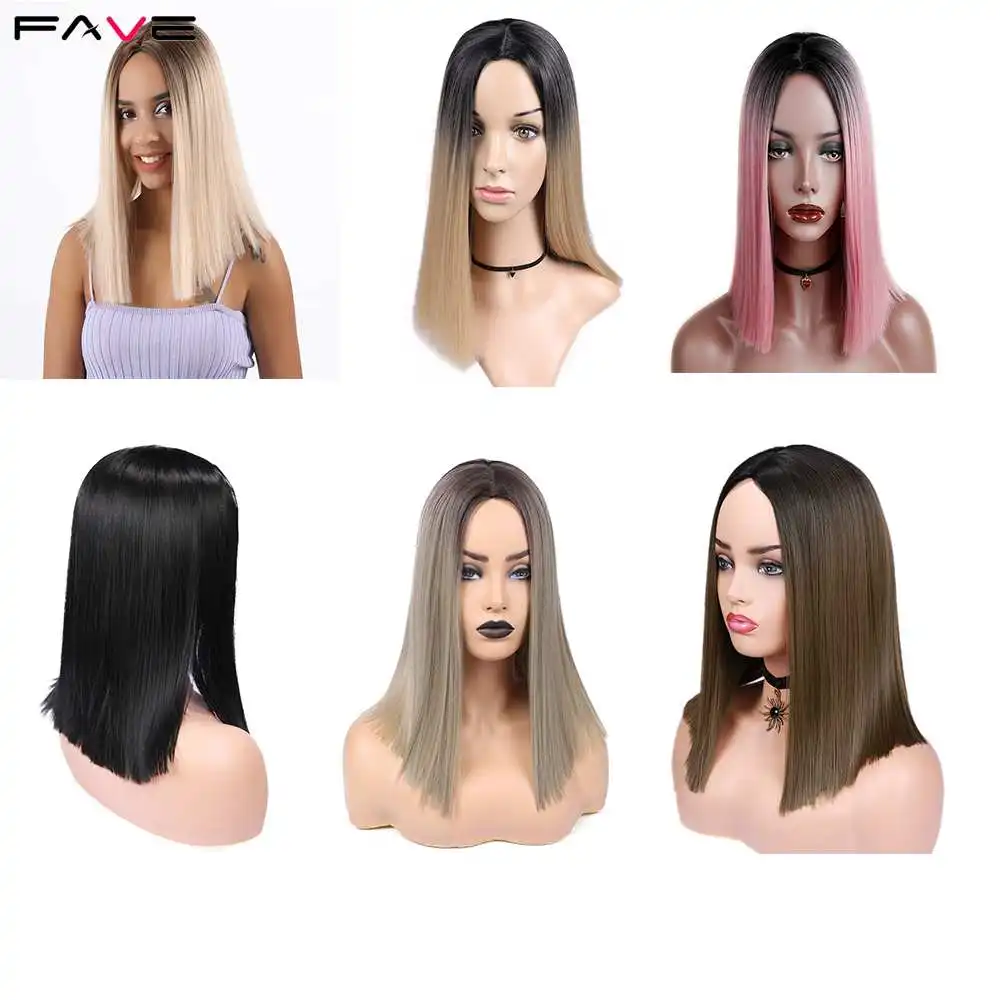 FAVE corto recto Ombre Bob negro ceniza Lino marrón Rosa pelucas sintéticas para mujeres negras 12 pulgadas medio sin pegamento pelucas de Cosplay