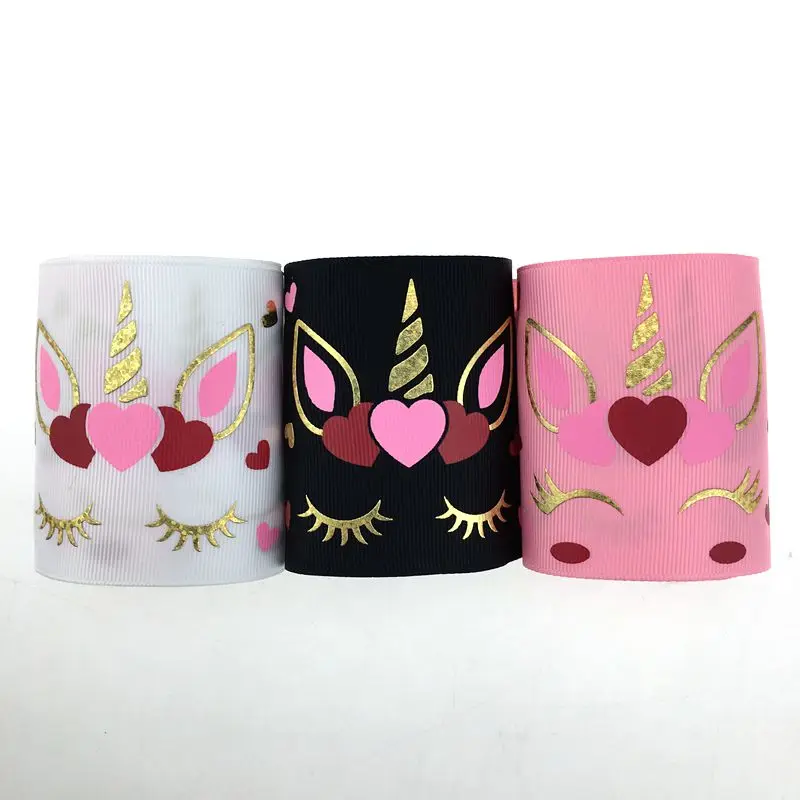 

2019 New design 100 yards 75mm 3" Valentine's day heart grosgrain unicorn hologram gold printed ribbon