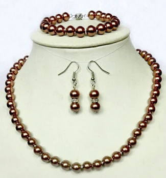 

zxia Miss charm Jew. AAA 8mm Champagne Sea Shell Pearl Necklace & Bracelets Earring Set 17 7.5