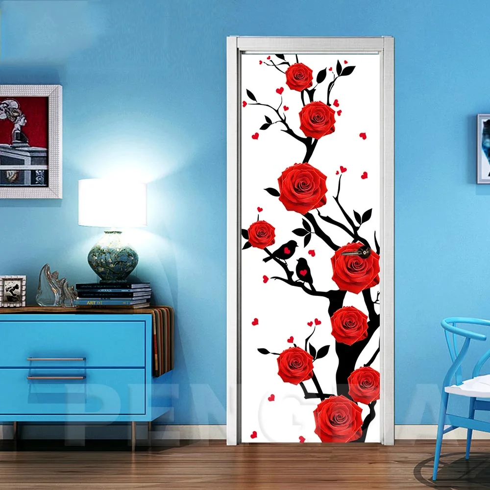 3D самоклеющиеся настенные художественные наклейки на дверь новые наклейки цветок розы для украшения дома двери принты картина ремонт Diy обои