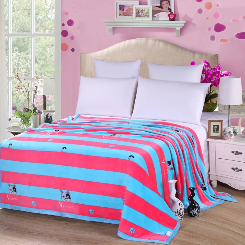 2018 Pink Blue Stripes Print Blanket Soft Throw Plaids Microfiber Coral