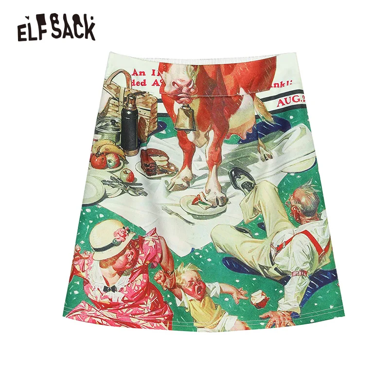 ELFSACK Vintage Cartoon Print Women Skirts Fashion A-Line Mid Waist Female Skirt Summer Streetwear Casual Femme Bottoms