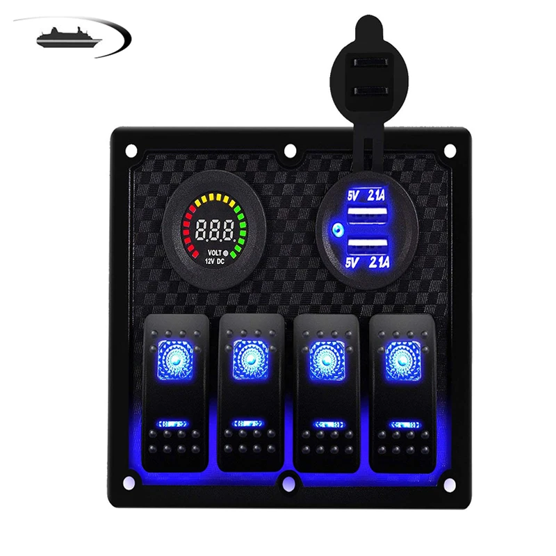 

2 3/4 /Gang Boat Car Switch Panel Marine Rocker Switch Panel 12~24V Circuit Control Car Dual USB Charger with Blue LED